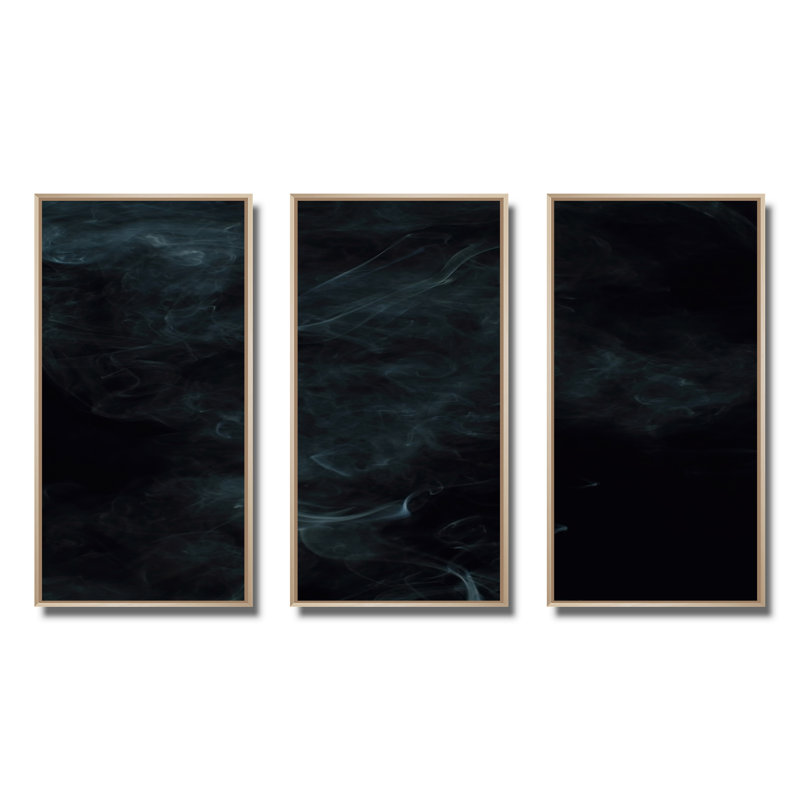 White Smoke On Black - Modern Framed Canvas Wall Art Set Of 3