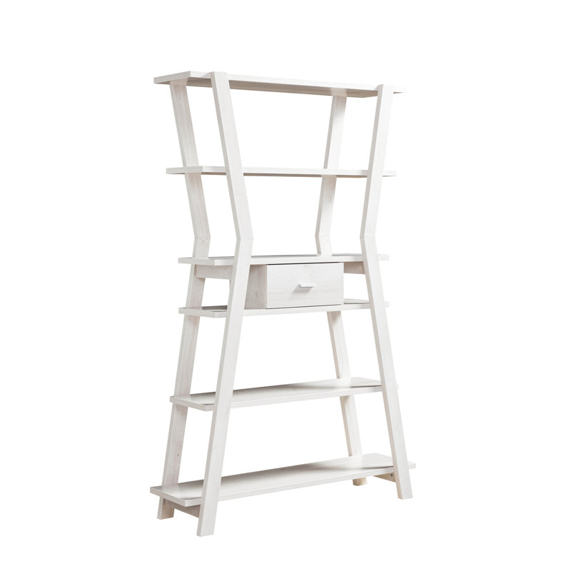 Modern Display Cabinet 4- Tier Open Shelving with Center Drawer in White Oak