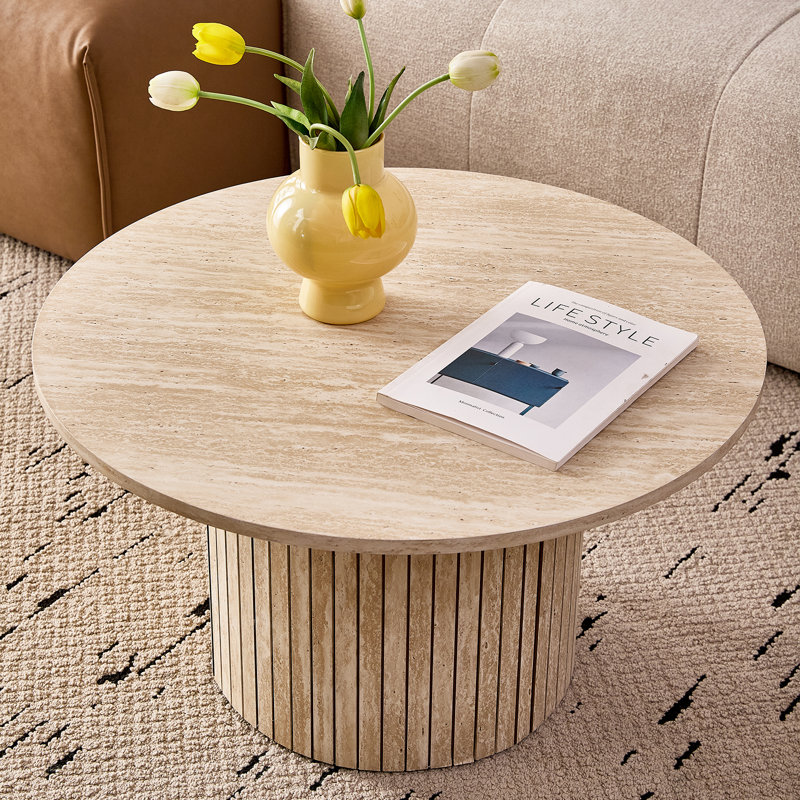 2-Piece Modern Round Coffee Table Set, 27.6"/15.7" Groove Line Cylinder, Beige Stone
