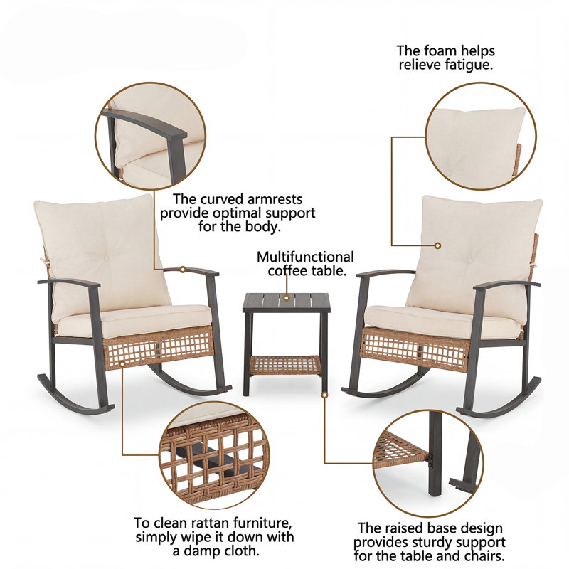3-Piece Rattan Rocking Bistro Set with Double-Tier Table - Outdoor Water Resistant Patio Set, White