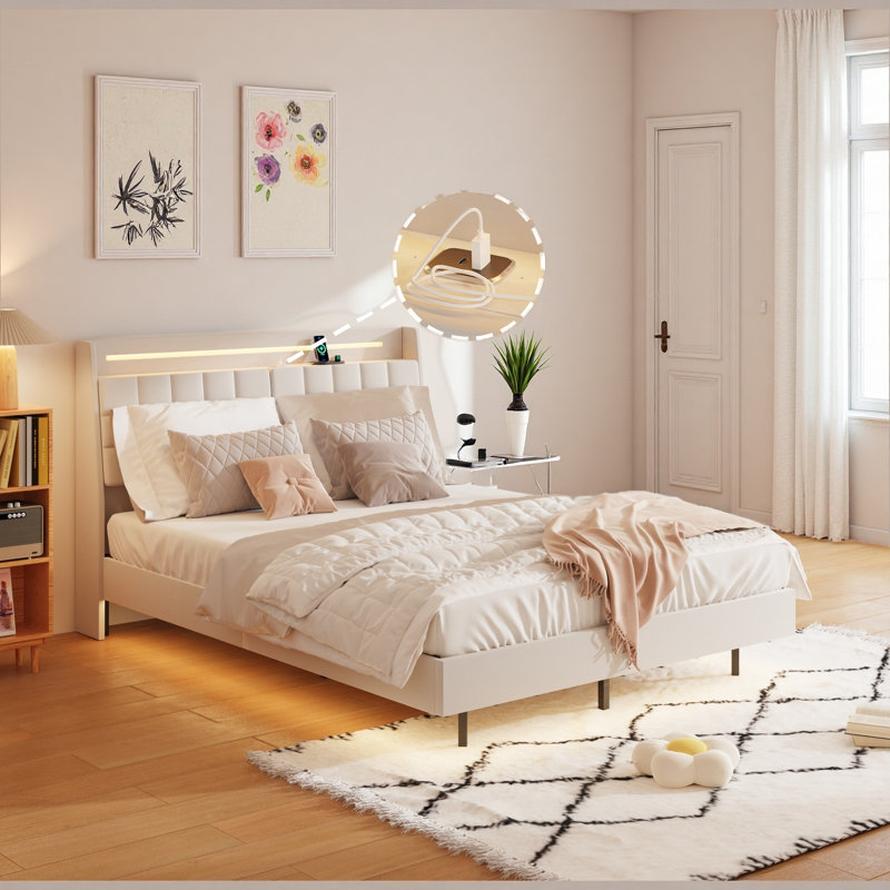Lit plateforme moderne avec lumières DEL, tête de lit et charge USB, Lit double