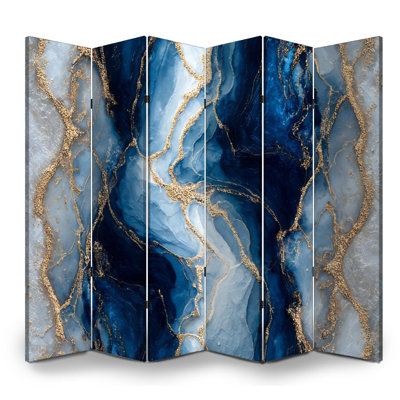 Cloison pliante 6 panneaux à paravents abstraits bleus, blancs, marbrés, or, toile, séparateur de pièce, cloison de protection autoportante
