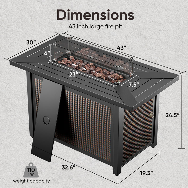 Foyer de table d'extérieur 43 "au propane 43" 55 000 BTU avec pare-vent