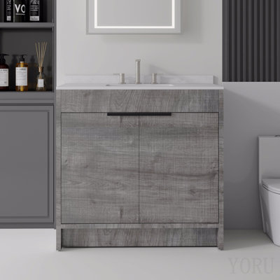 Meuble-lavabo autoportant de 91 cm avec lavabo, porte à fermeture amortie, comptoir et dosseret en marbre synthétique blanc de Carrare de 1,5 cm, contreplaqué, gris