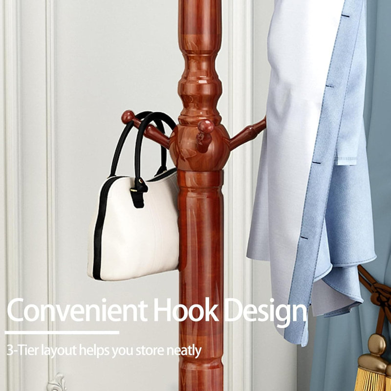 Freestanding Coat Rack With 11 Smooth Hooks And Stable Disc Base, Heavy Duty Vintage Style Wooden Coat Tree For Entryway, Bedroom, Or Hallway