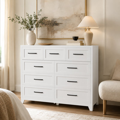 White 9-Drawer Metal Dresser Chest, 3 Small and 6 Large Drawers with Full Extension Slides