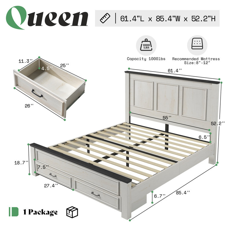 Farmhouse Wood Queen Platform Bed Frame with 52.2" Tall Headboard, Large Storage Drawers, Cream, Queen, Cream