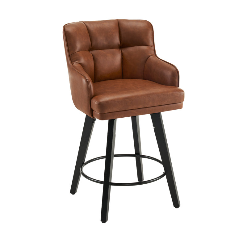 26''H Upholstered 360°Swivel Counter Height Bar Stools, Wood Legs Kitchen Island Chairs, Brown, 1