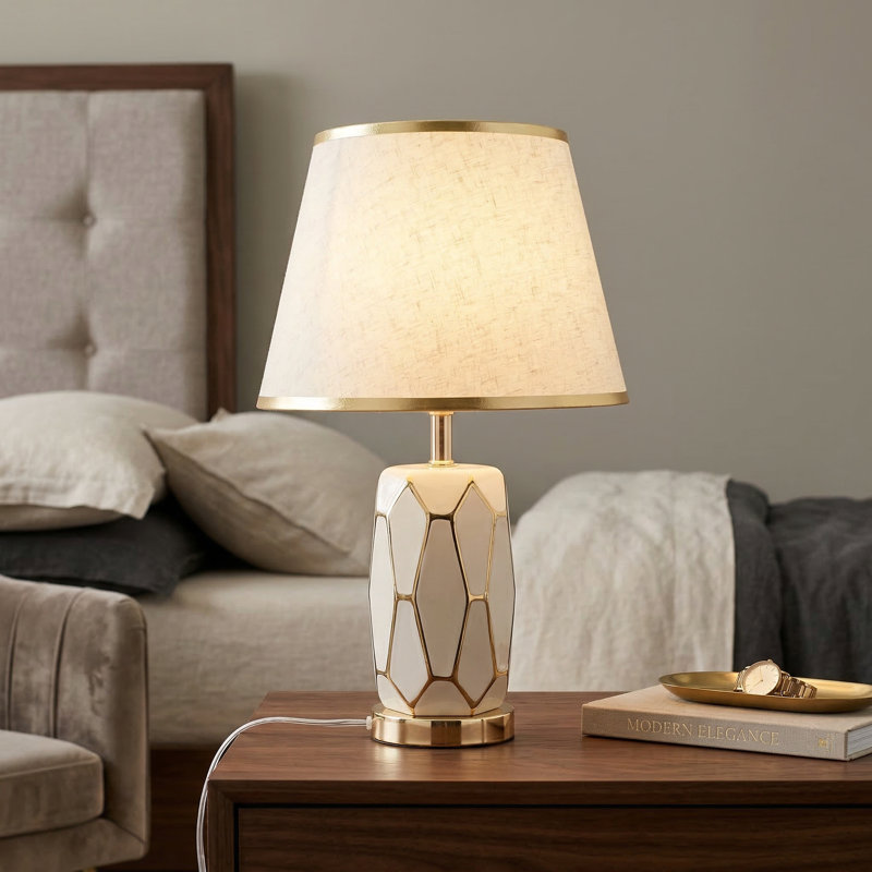 Modern Nightstand Ceramic Table Lamp With Fabric Lamp Shade With 3-color Light Bulb