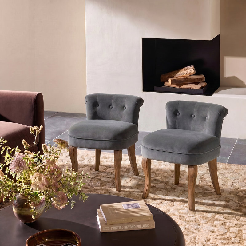 Modern Tufted Velvet Side Chair with Solid Wood Legs, Grey Velvet