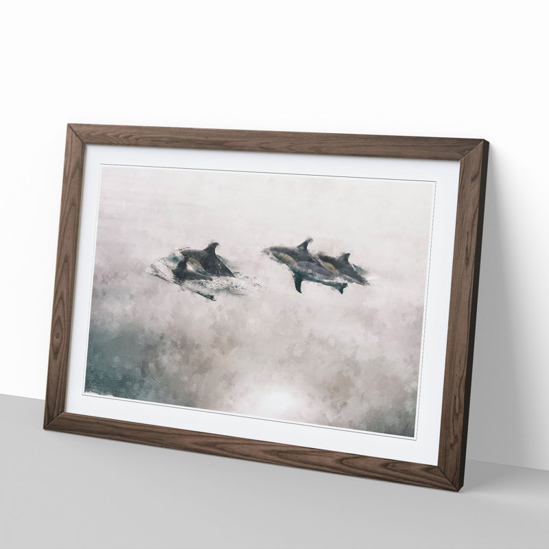 Swimming Dolphins - Picture Frame Painting, Walnut Framed, 27cm H x 36cm W x 2cm D