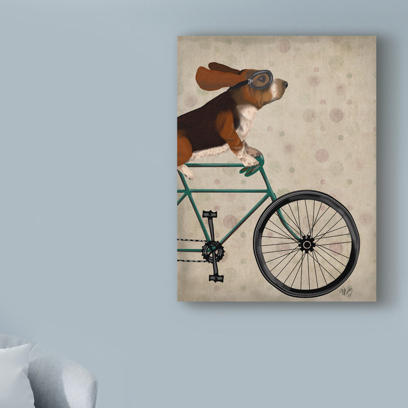 « basset hound on bicycle », reproduction d’impression sur toile tendue, H 32 po x l 24 po x p 2 po