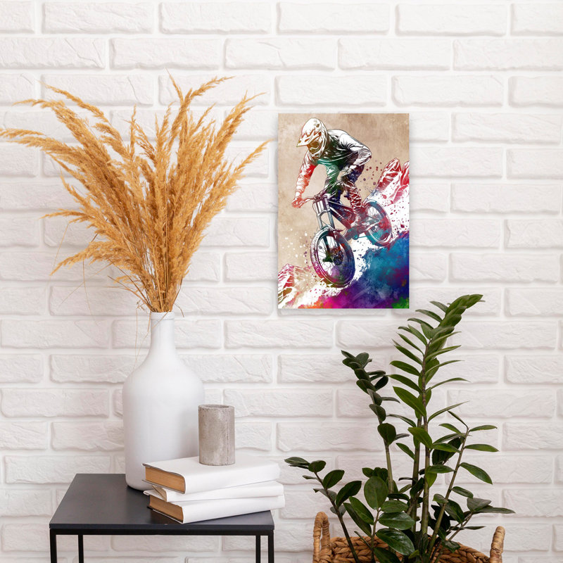 «Vibrant Mountain Biker», art mural contemporain abstrait avec paysage de montagne, H 18 po x l 12 po