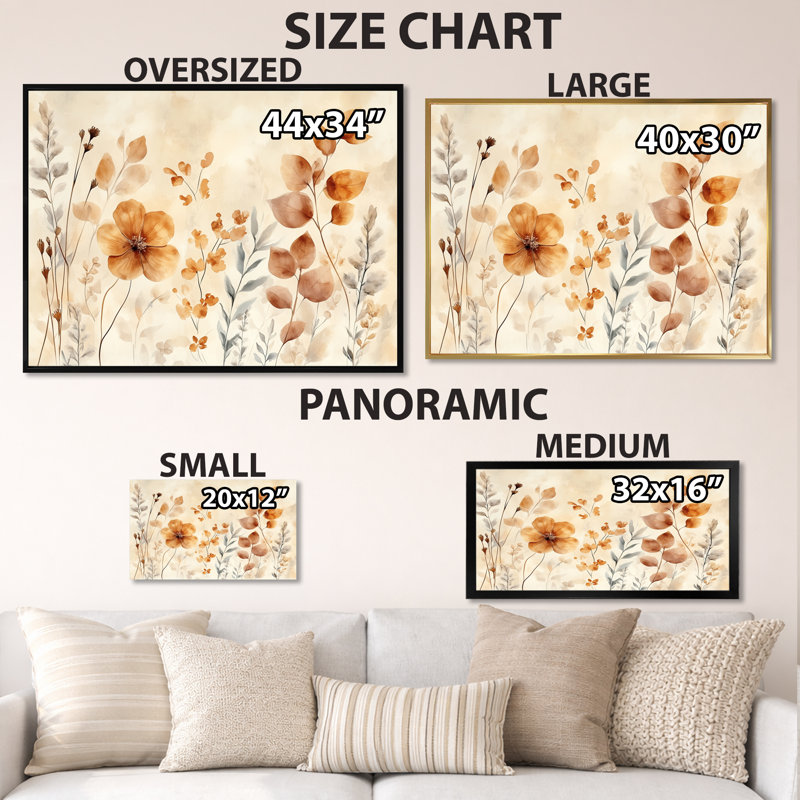 «Earth Tone Dried Botanicals I - Orange Nature», art mural encadré, H 16 po x l 32 po, Toile tendue