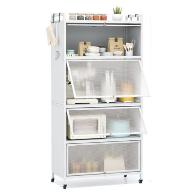 Kitchen Storage Cabinet with Transparent Folding Doors, Four Shelves, Hooks and Castors, Freestanding Metal Pantry Cupboard with Adjustable Feet and Anti Tip Devices, White