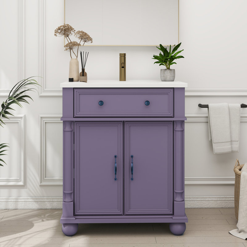 Meuble-lavabo autoportant de 28 po avec comptoir en céramique, Crème / mauve
