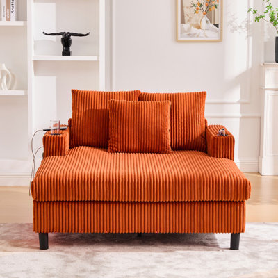 Canapé orange surdimensionné en velours côtelé orange avec ports USB et Type-C, porte-gobelets, bande lumineuse à DEL, poche latérale et 3 coussins