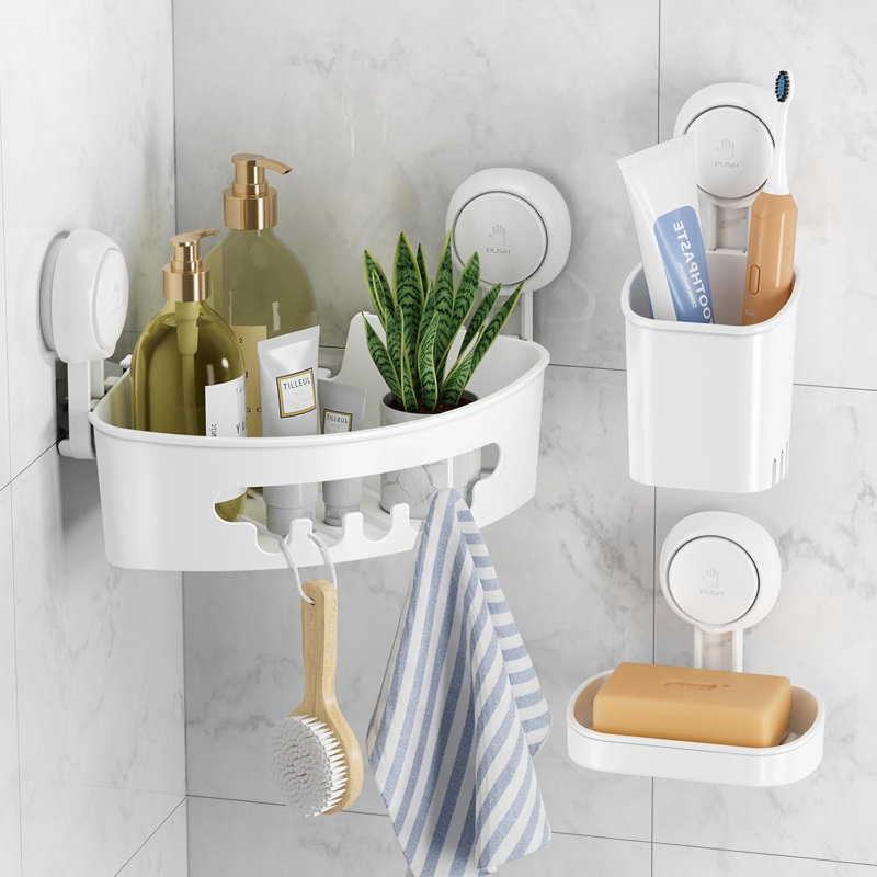 Organisateur de panier de douche No-Drill avec ventouses - L'ensemble 3 pièces comprend un panier de douche, un porte-brosse à dents et un porte-savon - Rangement de salle de bain imperméable pour carreaux de céramique, verre et surfaces lisses