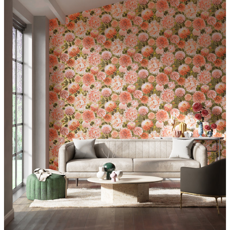 Dahlia Wallpaper, Coral/Fig Leaf/Gilver