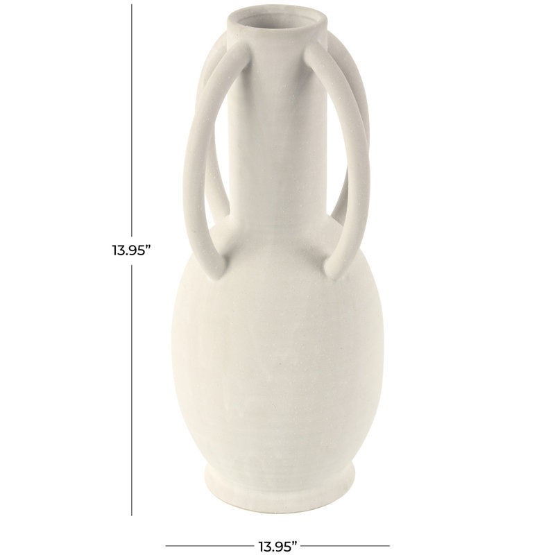 Ceramic Textured Decorative Vase with 4 Handles, Cream, 13.95" H x 13.95" W x 13.95" D