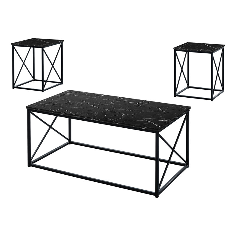 Ensemble de table, ensemble de 3 pièces, café, bout, côté, décor, salon, stratifié aspect marbre noir, métal noir, contemporain, moderne