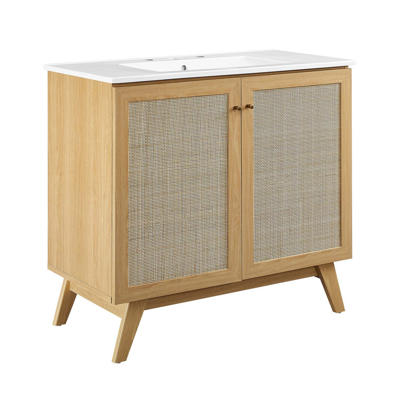 Soma 36'' Oak and White Freestanding Bathroom Vanity with Rattan Doors