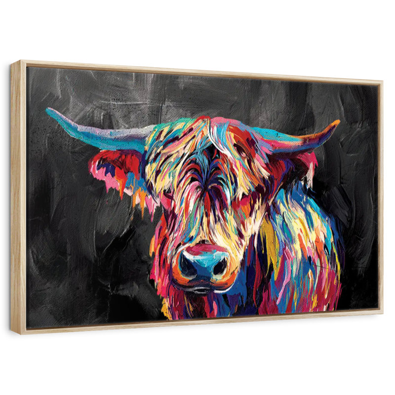 Vache Highland colorée, Cadre flottant en bois naturel, 13 po x 9 po
