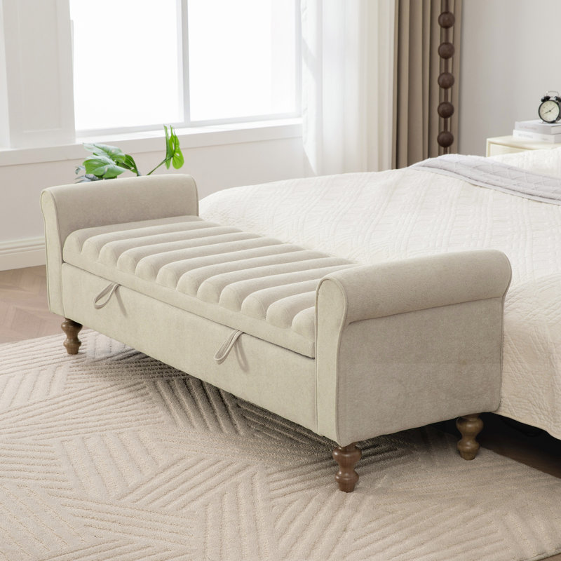 Upholstered Storage Bench With Rolled Armrest, Griege