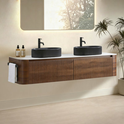 Meuble-lavabo 72 po avec lavabo, armoire murale en noyer avec porte-serviettes gratuit, conception de deux lavabos ovales rayés en céramique noire, sans drain et robinet, pré-assemblé