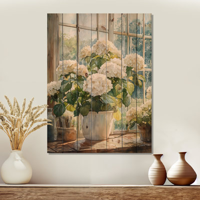 Hortensias dans la ferme serre II - décoration murale en bois d'hortensias - sur bois de pin naturel