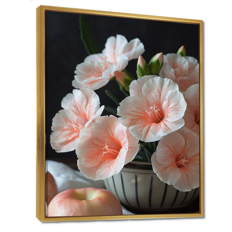 Œillets botaniques roses et verts - décoration murale œillets, Toile avec cadre flottant or, H 40 po x l 30 po x P 1,5 po