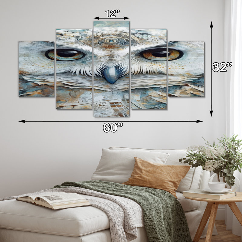 Portrait de hibou blanc tribal magique - décoration murale animaux hibou - 5 panneaux
