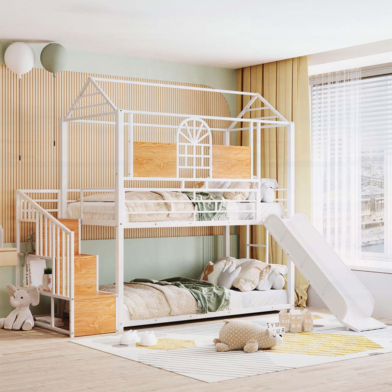 Lit simple superposé en métal avec glissade, escalier de rangement et maisonnette pour chambre d'enfant, Blanc