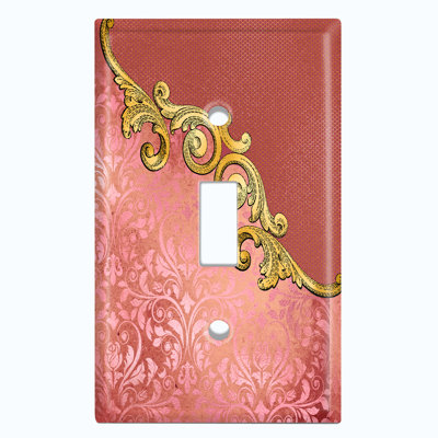 Metal Light Switch Plate Outlet Cover (Damask Red Pink Flower Frame    - Single Toggle)