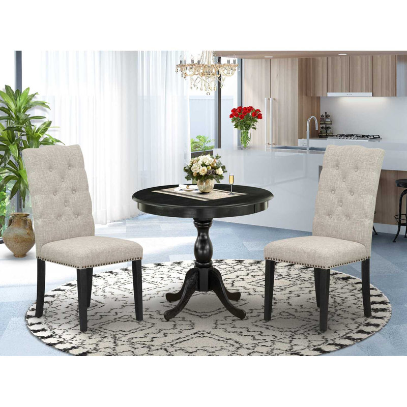 3 Piece Kitchen Table & Chairs Set Contains a Round Dining Room Table with Pedestal and 2 Doeskin Linen Fabric Upholstered Chairs, Wirebrushed Black
