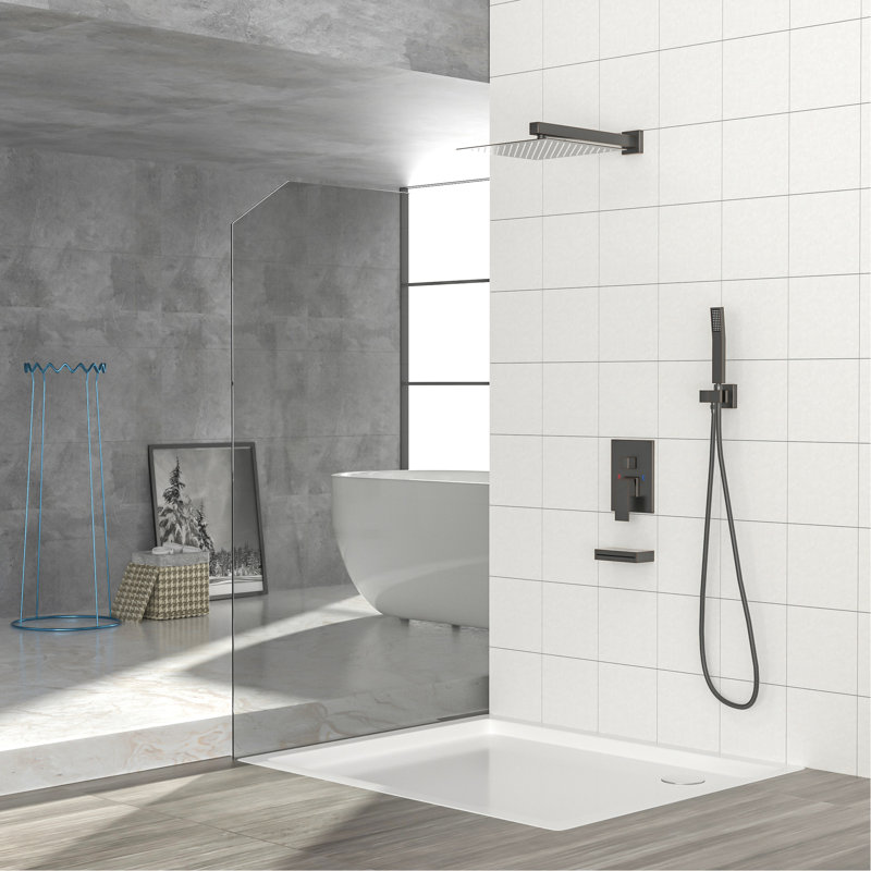 Shower System With Waterfall Spout - 12 Inch Square Rainfall Head, Handheld, Oil Rubber Bronze, , -Balanced Valve, Wall Mounted, Easy Installation, Adjustable Water Flow, Rain Spray Pattern Tub