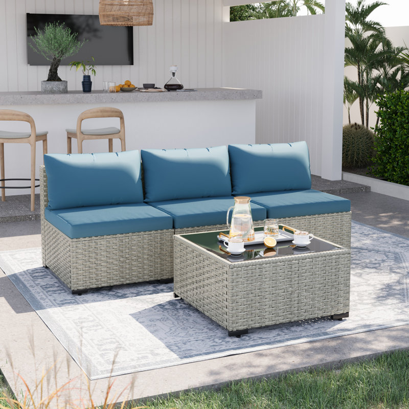 Ensemble de canapé d'extérieur en osier pour 3 personnes avec coussin, Bleu, Grey