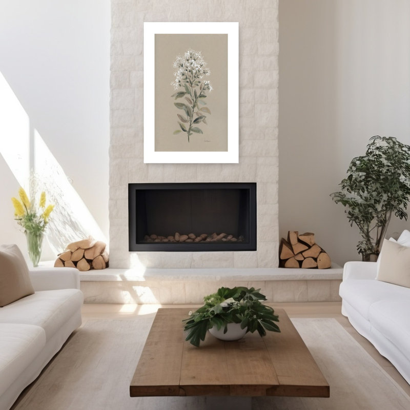 «White Floral Stem I Delicate Elegant Minimalist Nature Plant», art mural, H 48 po x l 32 po