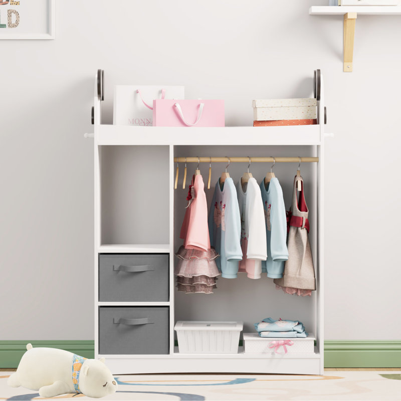 Kids Dress-Up Wardrobe with Child-Sized Mirror, Open Hanging Rail, Shelves & Drawers, White