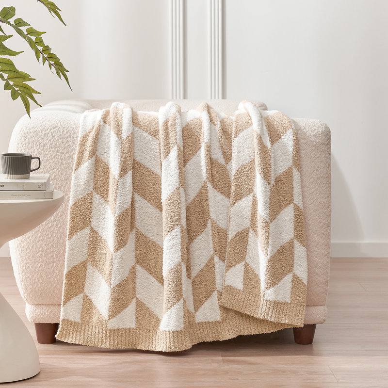 Jeté en tricot à chevrons réversible pour canapé ou lit, Chevron beige, Jeté