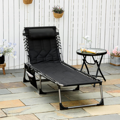 Chaise longue rembourrée pliante rembourrée, fauteuil de bronzage de camping inclinable extérieur à 6 niveaux avec appui-tête pour la plage, la cour, le patio, la piscine, noir