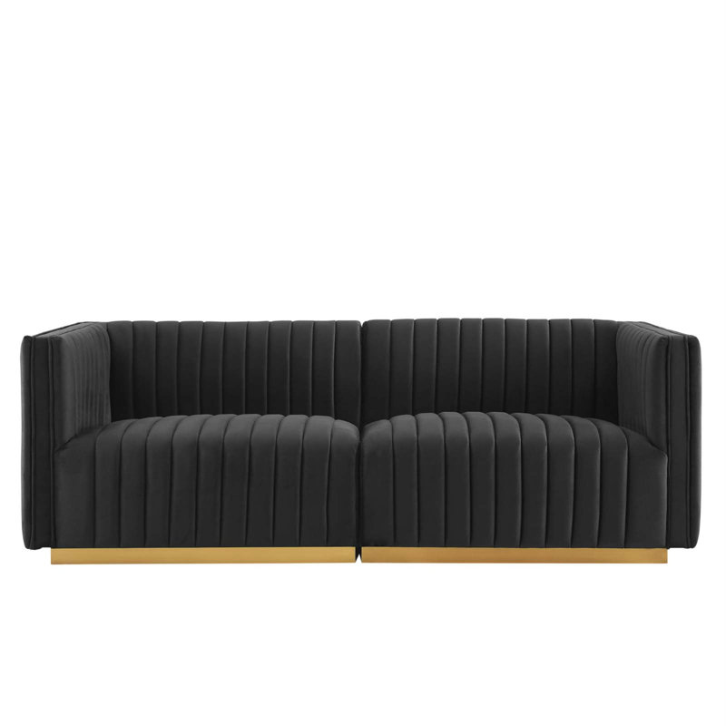 Conjure Channel Tufted Loveseat, Black Velvet, Gold
