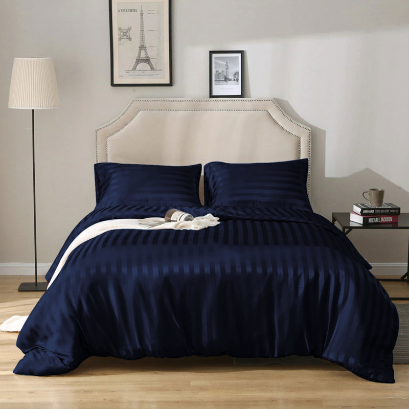 Imperial Homeware London Microfiber Striped Duvet Cover Set with Pillowcases Included, Navy