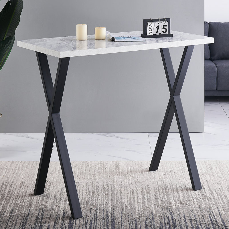 2 - Person Modern Dining Set 120cm Long Bar Table With Linen Bar Stool, White Marble, Beige