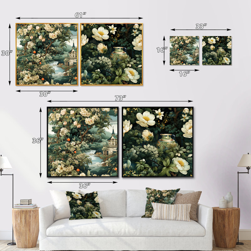 Enchanted Garden Scenes - motif victorien - ensemble de collage floral carré de 2, Cadre flottant noir, H 16 po x l 33 po