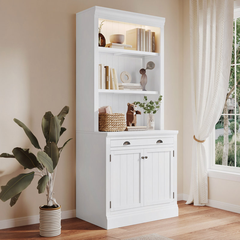 Bibliothèque de 83,4 po de hauteur avec 3 lumières DEL, bibliothèque avec 2 portes et 1 tiroir, bibliothèque de rangement avec tablettes ouvertes pour le salon et le bureau à domicile