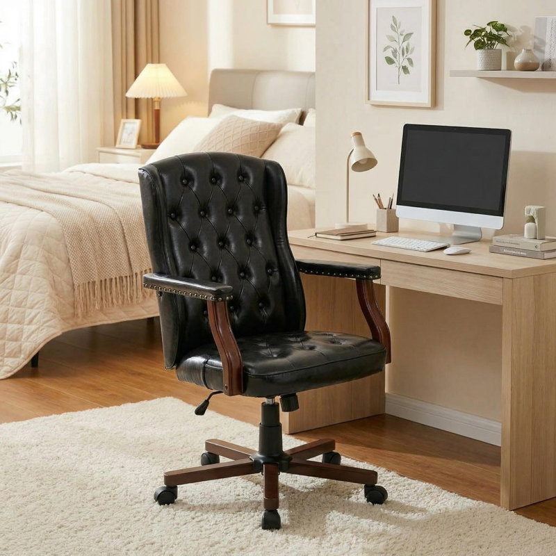 Fauteuil de direction ergonomique, capacité de 350 lb, coussin épais, dossier à oreilles en similicuir, Black