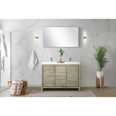 Rustic Double Vanity 48 In. W, 20 D, White Quartz Counter, Faucet, And Soft - Closing Drawers For Efficient Storage Bath In , Width, Depth, Surface, Faucet , Close Cabinets Ample