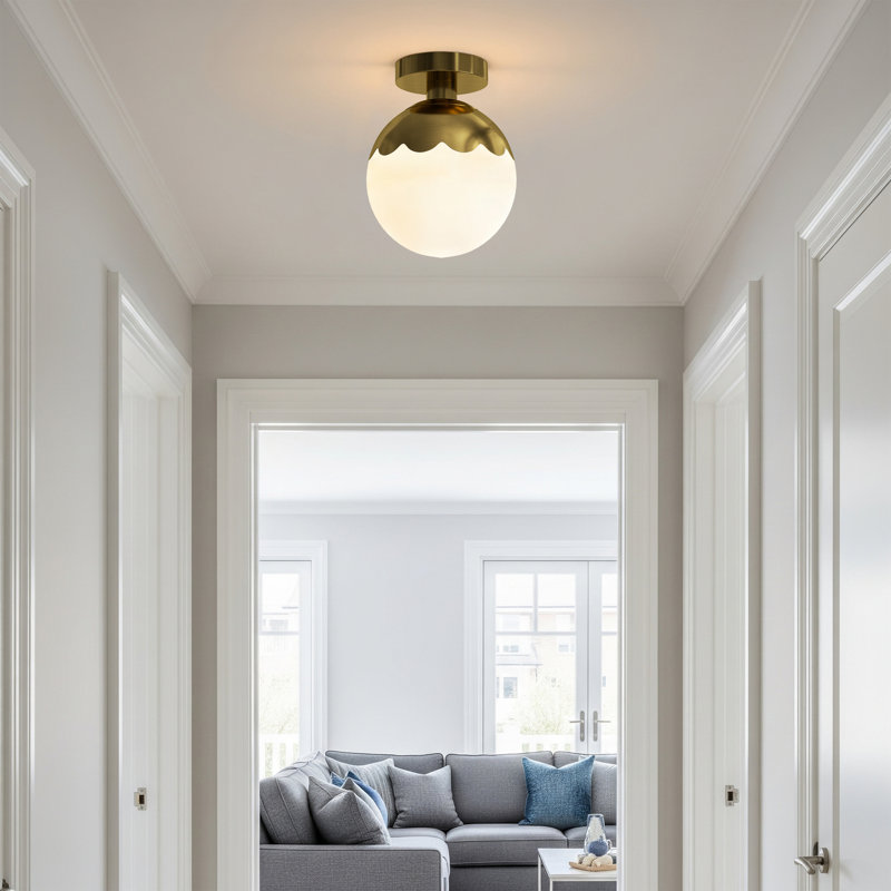 7.87" W 1-Light Globe Semi Flush Mount, Brushed Brass