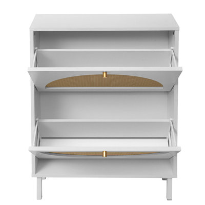 Double Layer 2 Door Shoe Rack In White, Engineered For Resistance, Comfortable Golden Handle, Metal Base With Back Plate Buckle, Semicircular Pattern Visual Effect, Suitable Living Room And White